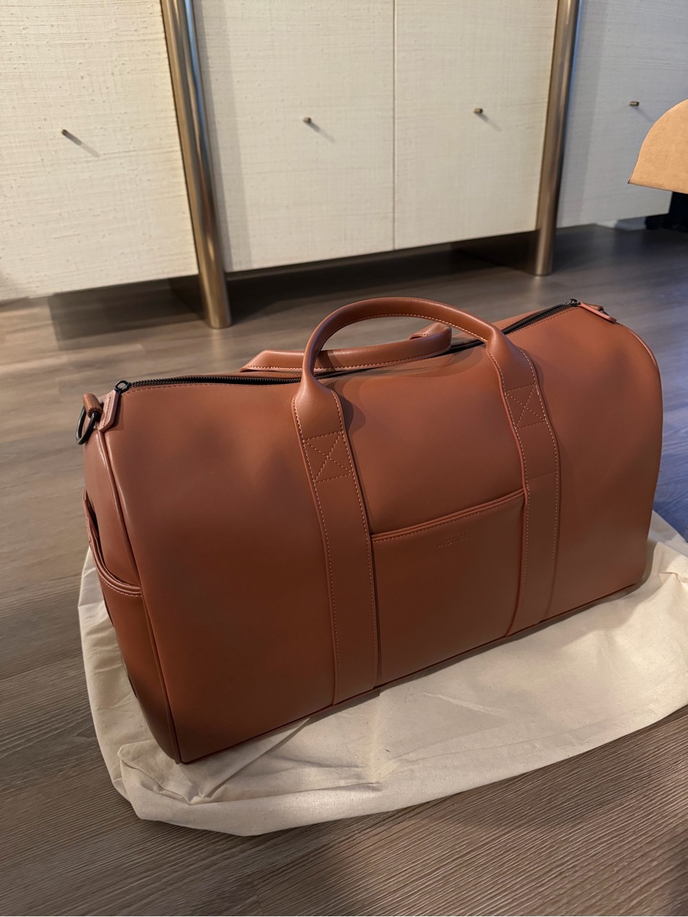 Classic Tan Leather Duffel Bag - Sleek Travel Weekender (USED TWICE ONLY)